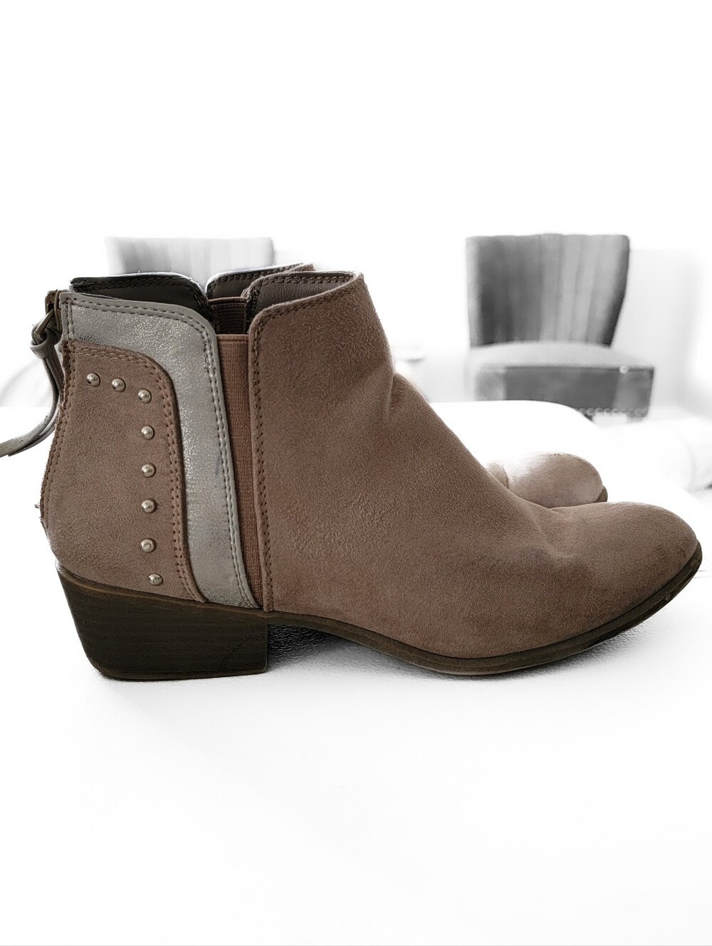 Taupe Ankle Booties with Metallic Back Panel Size 7